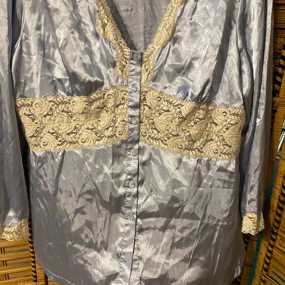 VTG Laura Ashley London 3-Piece Satin Lounge Set Robe Top Pants Blue Lace Large - Picture 14 of 15